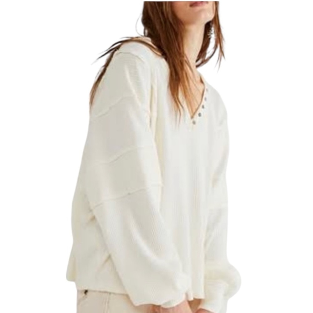 Free People Callisto Henley Waffle Knit Top size M Ivory NWT